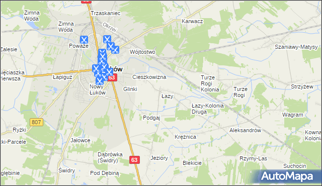 mapa Łazy gmina Łuków, Łazy gmina Łuków na mapie Targeo