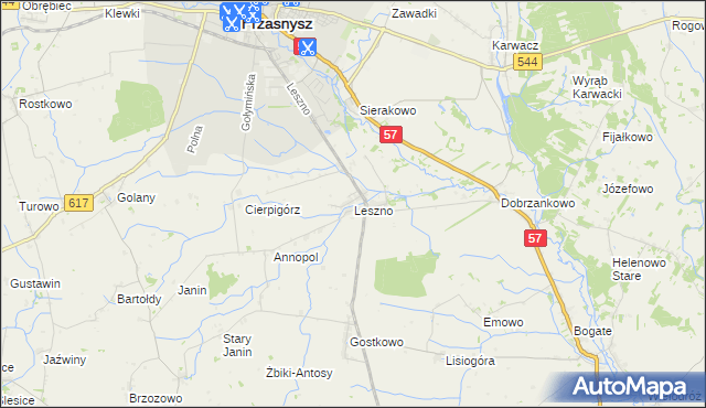 mapa Leszno gmina Przasnysz, Leszno gmina Przasnysz na mapie Targeo