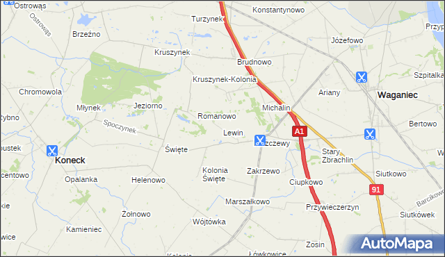 mapa Lewin gmina Waganiec, Lewin gmina Waganiec na mapie Targeo