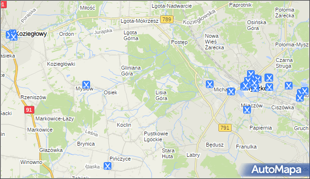 mapa Lisia Góra gmina Koziegłowy, Lisia Góra gmina Koziegłowy na mapie Targeo
