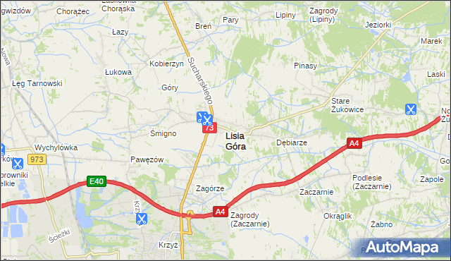 mapa Lisia Góra powiat tarnowski, Lisia Góra powiat tarnowski na mapie Targeo