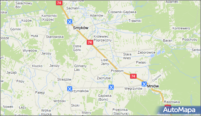 mapa Lisie Jamy gmina Mniów, Lisie Jamy gmina Mniów na mapie Targeo