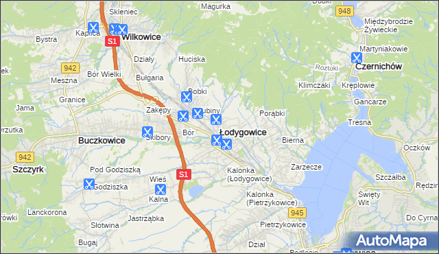 mapa Łodygowice powiat żywiecki, Łodygowice powiat żywiecki na mapie Targeo