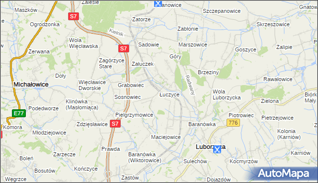 mapa Łuczyce gmina Kocmyrzów-Luborzyca, Łuczyce gmina Kocmyrzów-Luborzyca na mapie Targeo