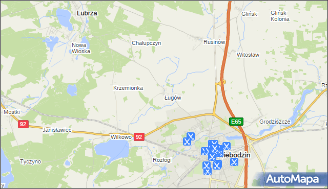 mapa Ługów gmina Świebodzin, Ługów gmina Świebodzin na mapie Targeo