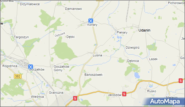 mapa Lusina gmina Udanin, Lusina gmina Udanin na mapie Targeo