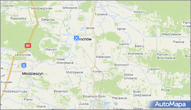 mapa Malanowo gmina Brochów, Malanowo gmina Brochów na mapie Targeo