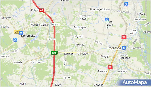 mapa Mazury gmina Poczesna, Mazury gmina Poczesna na mapie Targeo