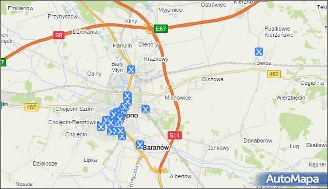 mapa Mianowice gmina Kępno, Mianowice gmina Kępno na mapie Targeo