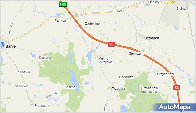 mapa Mielno Pyrzyckie, Mielno Pyrzyckie na mapie Targeo