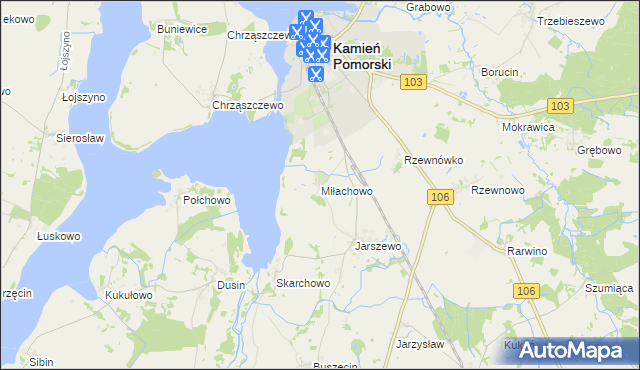 mapa Miłachowo gmina Kamień Pomorski, Miłachowo gmina Kamień Pomorski na mapie Targeo