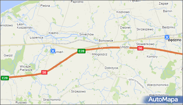 mapa Miłogoszcz gmina Będzino, Miłogoszcz gmina Będzino na mapie Targeo