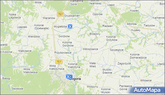 mapa Miłoszowice gmina Bogoria, Miłoszowice gmina Bogoria na mapie Targeo