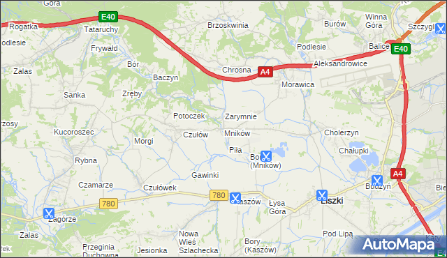 mapa Mników gmina Liszki, Mników gmina Liszki na mapie Targeo