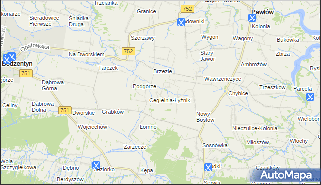 mapa Modrzewie gmina Pawłów, Modrzewie gmina Pawłów na mapie Targeo