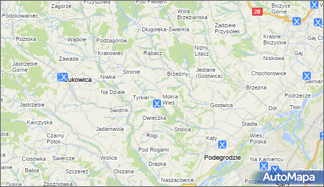 mapa Mokra Wieś gmina Podegrodzie, Mokra Wieś gmina Podegrodzie na mapie Targeo