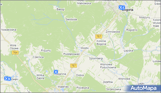 mapa Mostki gmina Staszów, Mostki gmina Staszów na mapie Targeo