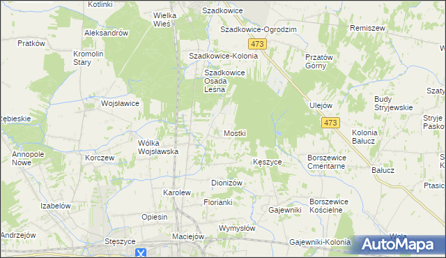 mapa Mostki gmina Zduńska Wola, Mostki gmina Zduńska Wola na mapie Targeo