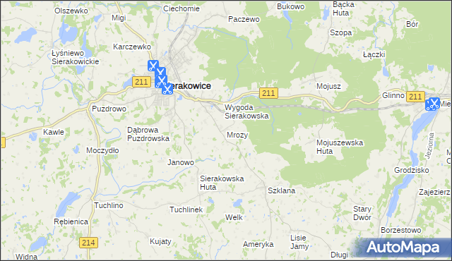 mapa Mrozy gmina Sierakowice, Mrozy gmina Sierakowice na mapie Targeo