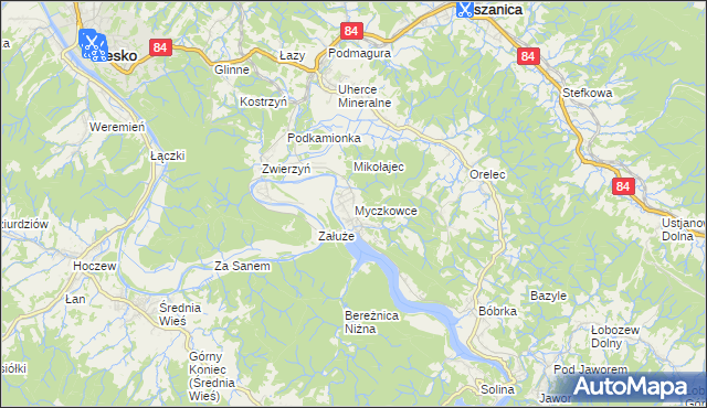 mapa Myczkowce, Myczkowce na mapie Targeo