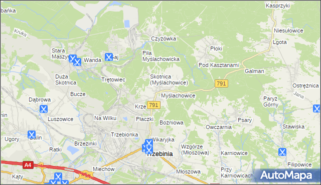 mapa Myślachowice, Myślachowice na mapie Targeo