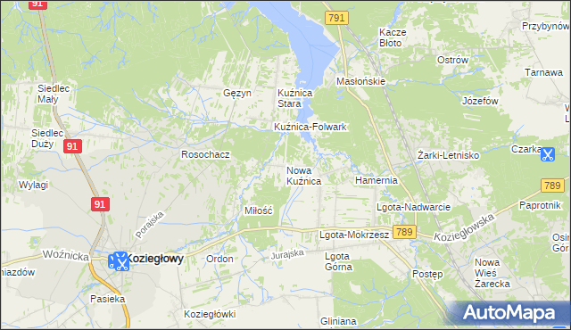 mapa Nowa Kuźnica gmina Koziegłowy, Nowa Kuźnica gmina Koziegłowy na mapie Targeo