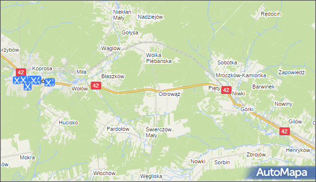 mapa Odrowąż gmina Stąporków, Odrowąż gmina Stąporków na mapie Targeo