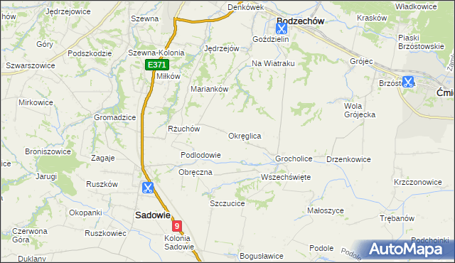 mapa Okręglica gmina Sadowie, Okręglica gmina Sadowie na mapie Targeo