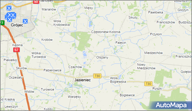 mapa Olszany gmina Jasieniec, Olszany gmina Jasieniec na mapie Targeo