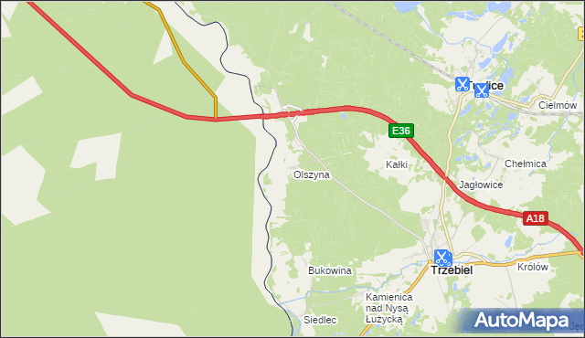 mapa Olszyna gmina Trzebiel, Olszyna gmina Trzebiel na mapie Targeo