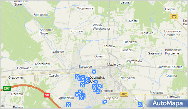 mapa Opiesin gmina Zduńska Wola, Opiesin gmina Zduńska Wola na mapie Targeo