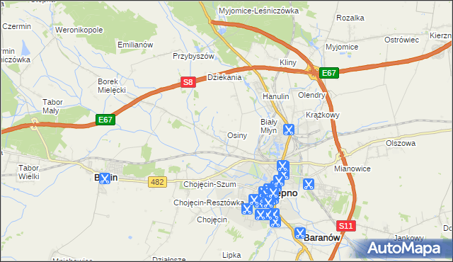 mapa Osiny gmina Kępno, Osiny gmina Kępno na mapie Targeo