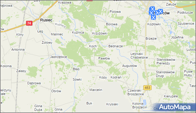 mapa Pawłów gmina Rusiec, Pawłów gmina Rusiec na mapie Targeo