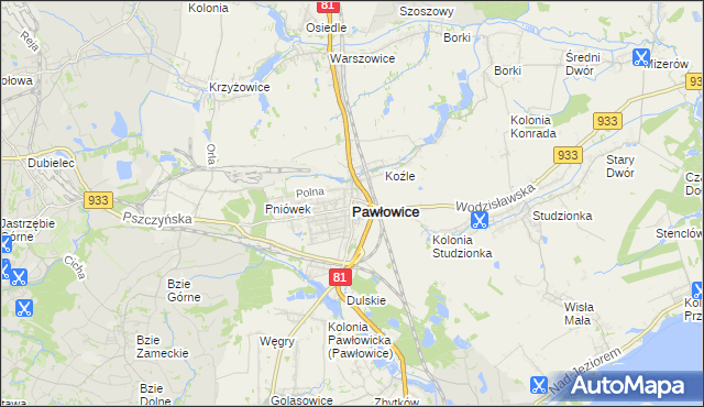 mapa Pawłowice powiat pszczyński, Pawłowice powiat pszczyński na mapie Targeo