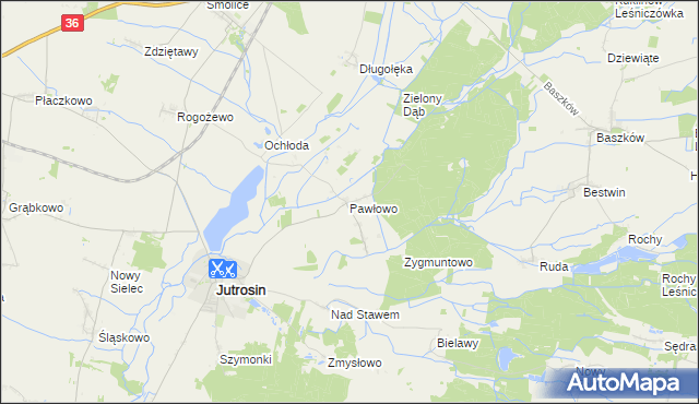mapa Pawłowo gmina Jutrosin, Pawłowo gmina Jutrosin na mapie Targeo