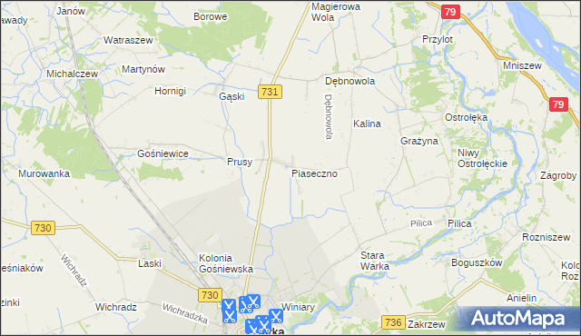 mapa Piaseczno gmina Warka, Piaseczno gmina Warka na mapie Targeo