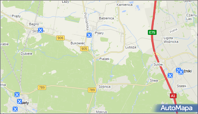 mapa Piasek gmina Woźniki, Piasek gmina Woźniki na mapie Targeo