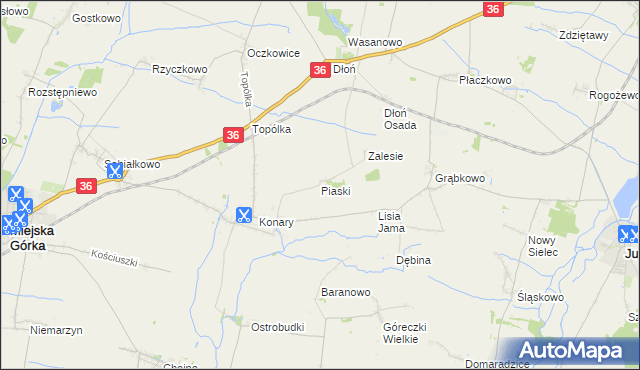 mapa Piaski gmina Miejska Górka, Piaski gmina Miejska Górka na mapie Targeo