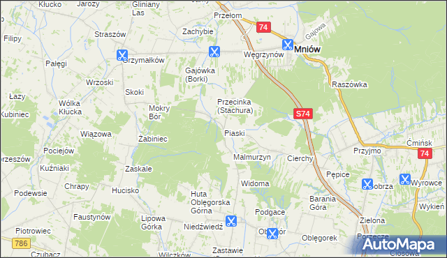 mapa Piaski gmina Mniów, Piaski gmina Mniów na mapie Targeo
