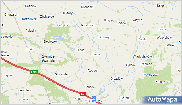 mapa Piaski gmina Świnice Warckie, Piaski gmina Świnice Warckie na mapie Targeo
