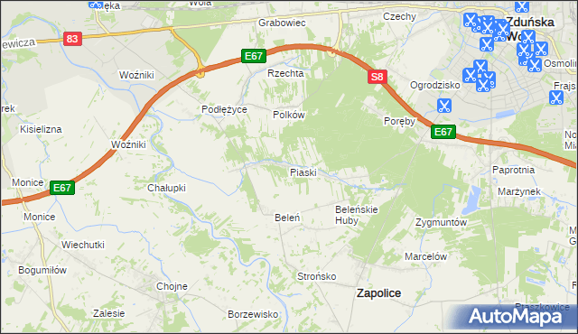 mapa Piaski gmina Zduńska Wola, Piaski gmina Zduńska Wola na mapie Targeo