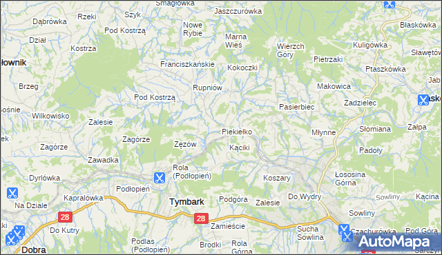 mapa Piekiełko gmina Tymbark, Piekiełko gmina Tymbark na mapie Targeo