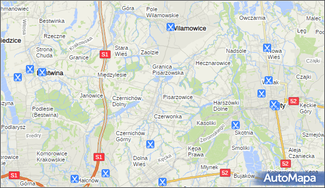 mapa Pisarzowice gmina Wilamowice, Pisarzowice gmina Wilamowice na mapie Targeo