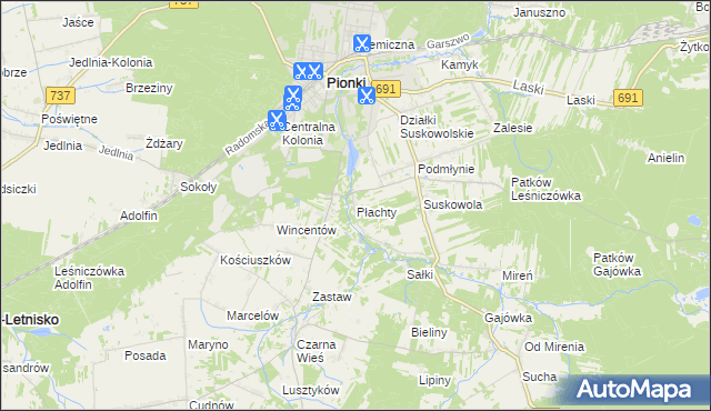 mapa Płachty gmina Pionki, Płachty gmina Pionki na mapie Targeo