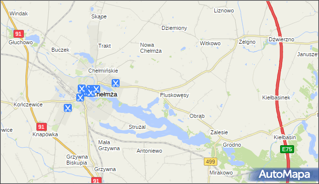 mapa Pluskowęsy gmina Chełmża, Pluskowęsy gmina Chełmża na mapie Targeo