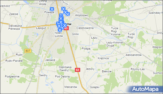 mapa Podgaj gmina Łuków, Podgaj gmina Łuków na mapie Targeo