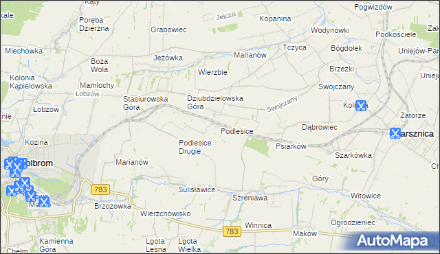 mapa Podlesice gmina Charsznica, Podlesice gmina Charsznica na mapie Targeo