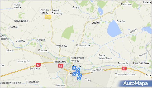 mapa Podzamcze gmina Łęczna, Podzamcze gmina Łęczna na mapie Targeo