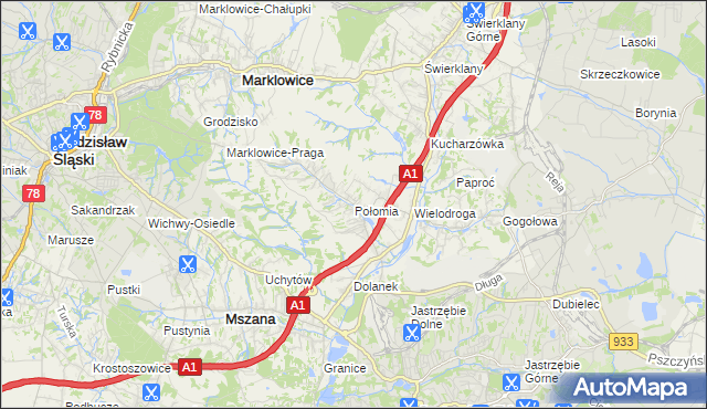 mapa Połomia gmina Mszana, Połomia gmina Mszana na mapie Targeo