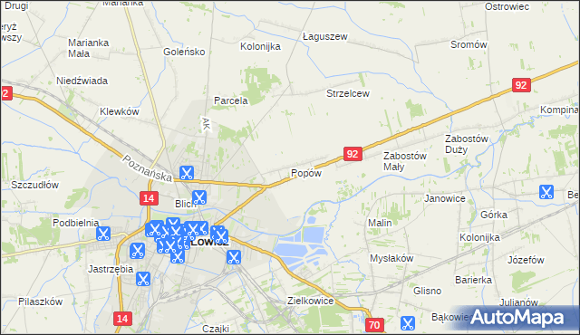 mapa Popów gmina Łowicz, Popów gmina Łowicz na mapie Targeo